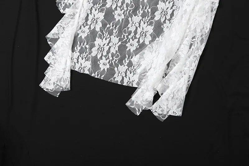 VenusFox Women Lace Irregular Long Dress Camis Sheath Sensual Sheer Dress Fashion Streetwear Hollow Out Ruffles Sexy Dresses