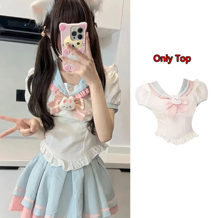 Y2k Sweet Style Skirt Set Bow Tie Peter Pan Collar Top High-Waist Puffy Skirt 2 Piece Set Summer Preppy JK Sailor Uniform Outfit