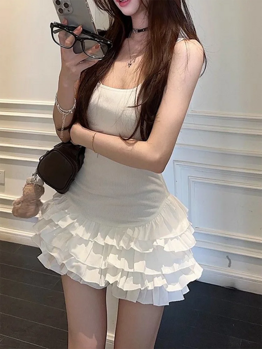 VenusFox Chic Y2K Sleeveless Mini Dress For Woman Summer Black Dresses Sexy Clubwear Party Slim fit Ruffle Pleated Short Dress