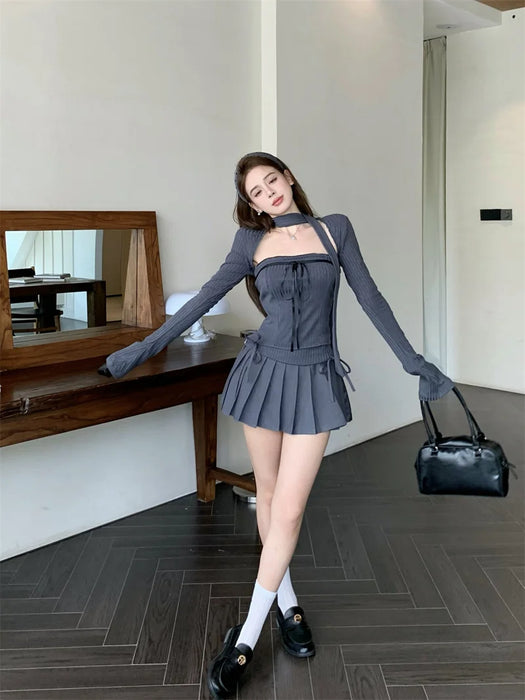 Korean Chic Spicy Girl Long Sleeve Cardigan Slim Fit Tube Top Bow High Waist Pleated Short Skirt Set Two Piece Set Women Outfits