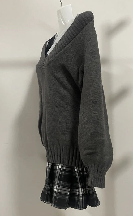 3 Pieces Set Outfits Women Korean Style Two Piece Set Knit Top Pleated Plaid Skirt Matching Set New 2000s Clothes Y2k Gyaru Girl