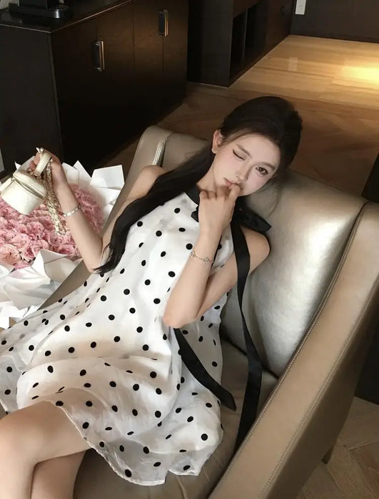 VenusFox Fairy Halter Polka Dot Mini Dress Women Summer Lace Up Bow Off Shoulder Chiffon A-line Dresses Fashion Party Vestidos