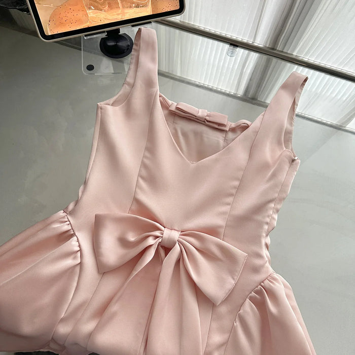 VenusFox Summer Women Ballet Core Preppy Bow Satins A-line Dress Mini Frocks Backless One-Piece Evening Party Shoujo Gyaru Old Money