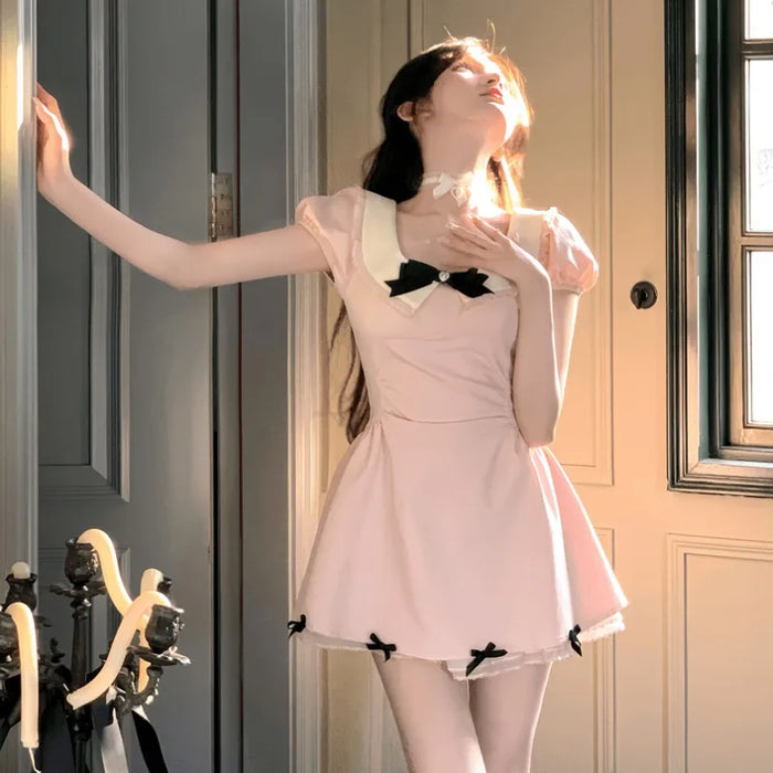VenusFox French Cute Girl Pink Dress 2025 Summer Women New Gentle Lace Sweet Fresh Slimming Temperament Bow A-line Short Dresses