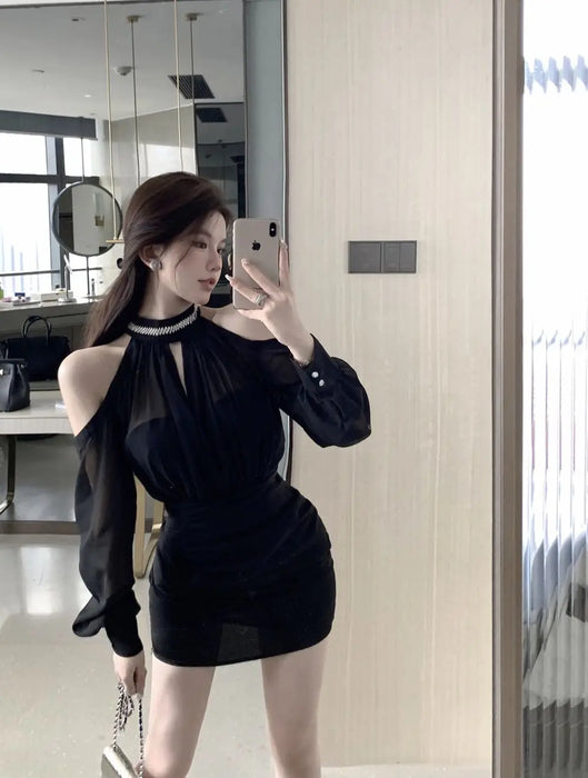 Off Shoulder Dresses for Women Spring Autumn 2025 Beach Korean Fashion One Pieces Curvy Hot Kpop Chiffon Woman Long Sleeve Dress