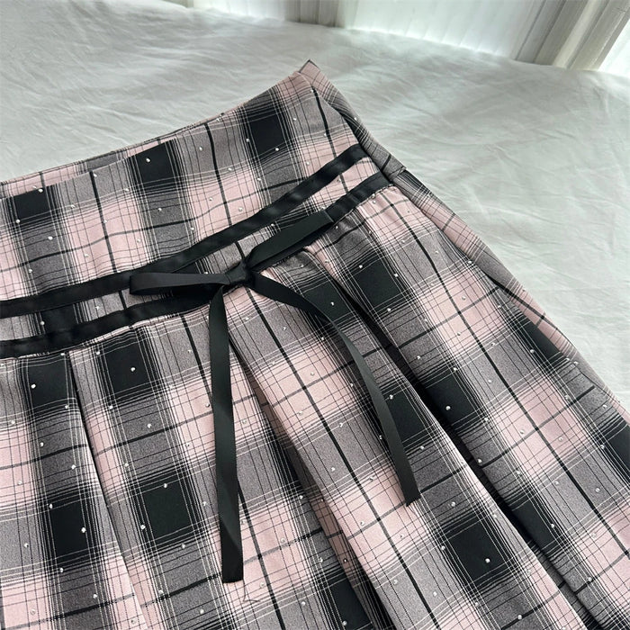 Summer Women Korean Shoujo Idols 2000s Gyaru Outfits 2 Piece Set Short Sleeve Crop Top With Tie + Mini Plaid Pleated Skirts