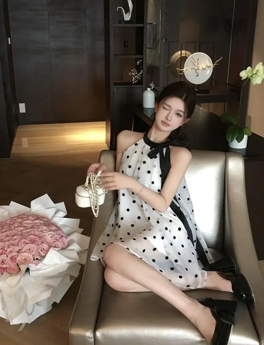 VenusFox Fairy Halter Polka Dot Mini Dress Women Summer Lace Up Bow Off Shoulder Chiffon A-line Dresses Fashion Party Vestidos
