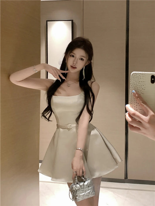VenusFox Ele Satin Slim Fit ter Dr Women's Summer High Waist Flared ort Skirt Slimming A-Line Dr Korean Sle Casual Wear