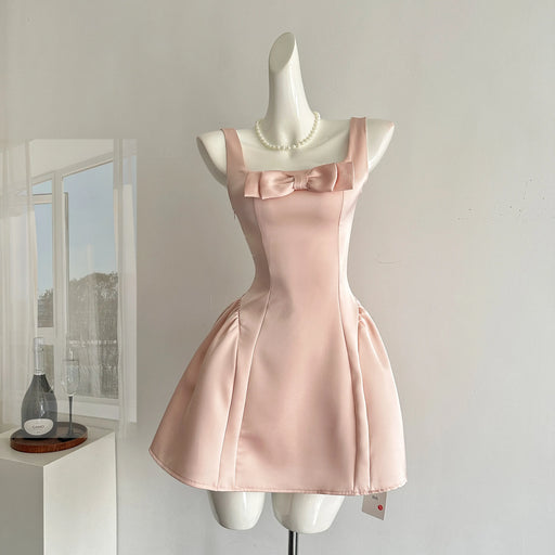 Summer Women Ballet Core Preppy Bow Satins A-line Dress Mini Frocks Backless One-Piece Evening Party Shoujo Gyaru Old Money