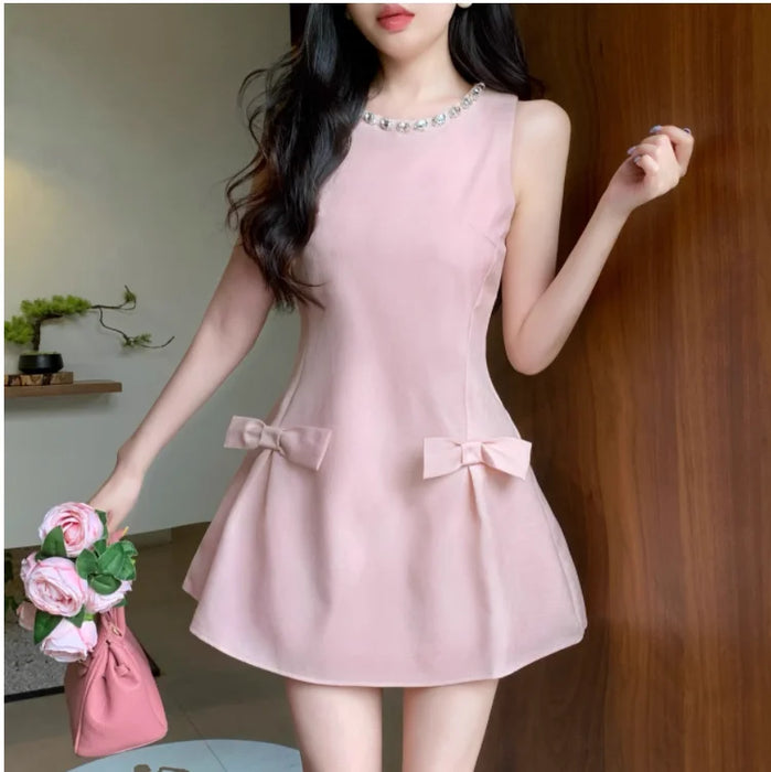 VenusFox Sweet Sleeveless Birthday Party Dress Women Summer Beading Round Neck Waist Bow A-line Mini Dresses Elegant Vestidos