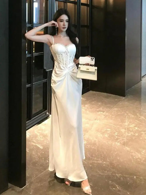 VenusFox Vintage Women Pink White Patchwork Lace Sexy Club Split Long Dress Summer Slim Elegant Backless Birthday Party Strapless Dresses