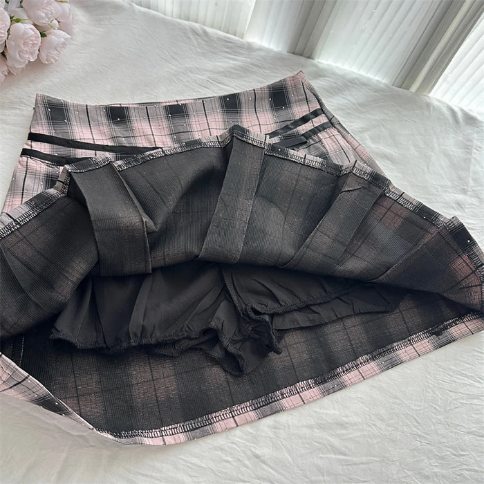Summer Women Korean Shoujo Idols 2000s Gyaru Outfits 2 Piece Set Short Sleeve Crop Top With Tie + Mini Plaid Pleated Skirts
