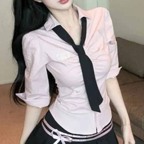 Korean College Sle Sweet And Spicy irt Top with Waist-Cinching Midi Skirt Set Cotton Blend Seven-quarter Sve Tie-waist
