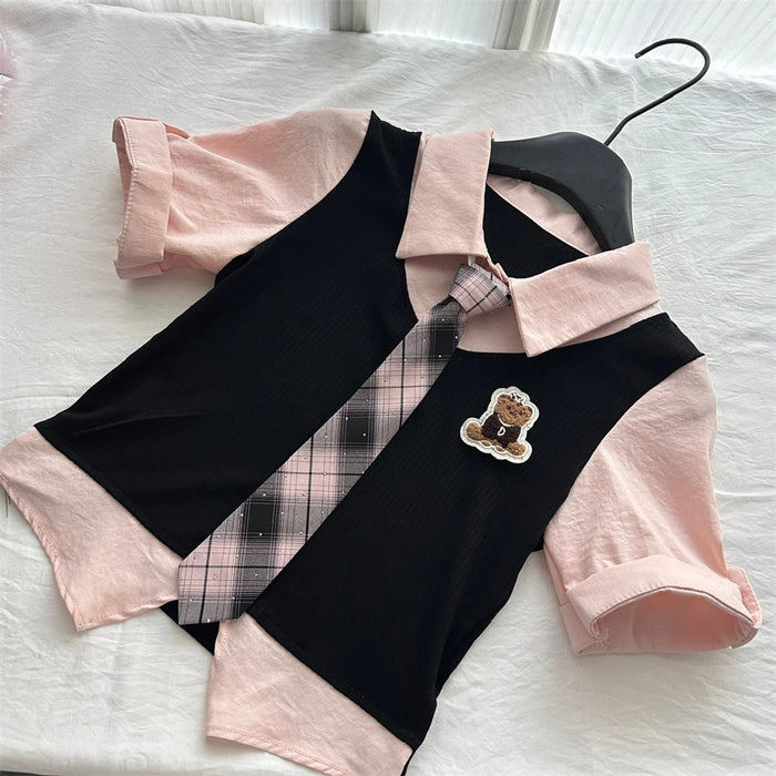 Summer Women Korean Shoujo Idols 2000s Gyaru Outfits 2 Piece Set Short Sleeve Crop Top With Tie + Mini Plaid Pleated Skirts