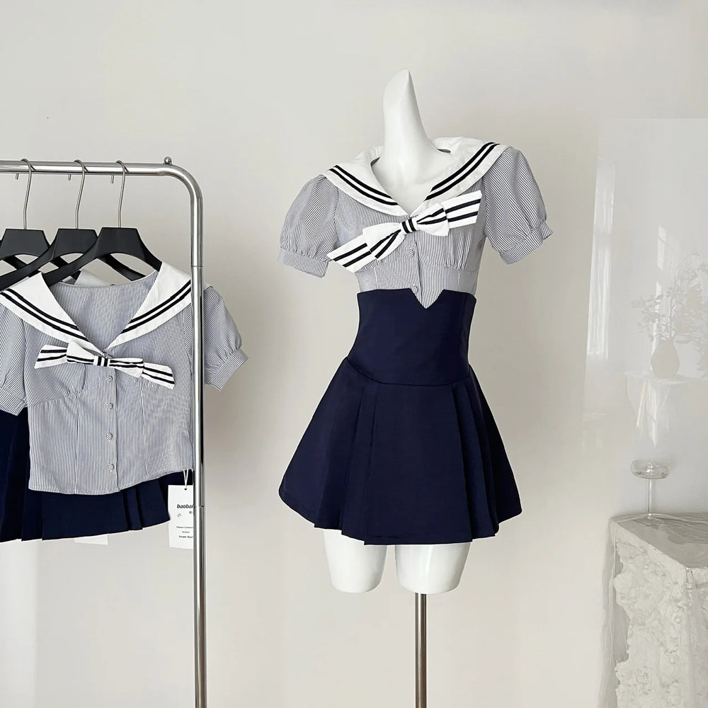 Summer Women Shoujo Korean Preppy Outfits 2 Piece School Uniform Set Striped Crop Sailor Collar Shirt + High Waist Pleated Skirt