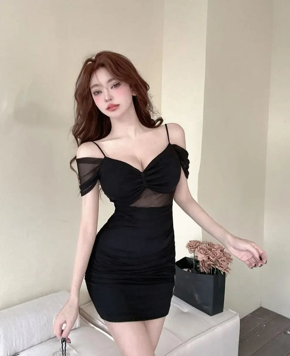 VenusFox Sexy Low Cut Strapless Bodycon Dress for Women Summer Night Club Workwear Hot Girl Shoulder Bared Mini Dress Club Women's Wear