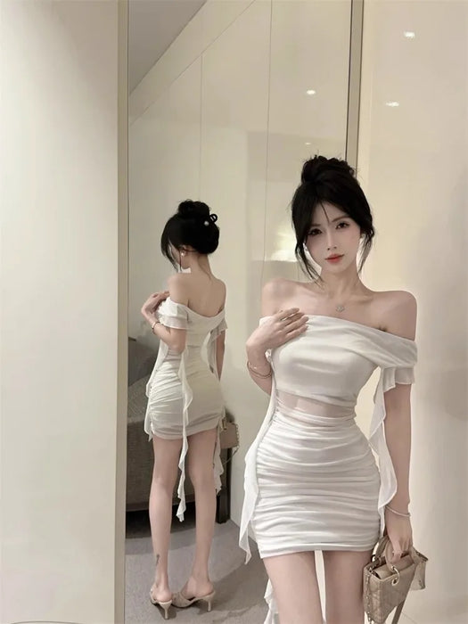VenusFox Woman Dress Strapless Ruffles Sweet Off Shoulder Patchwork Slim Sweet Backless Summer Fashion Party Mini Dresses Sexy