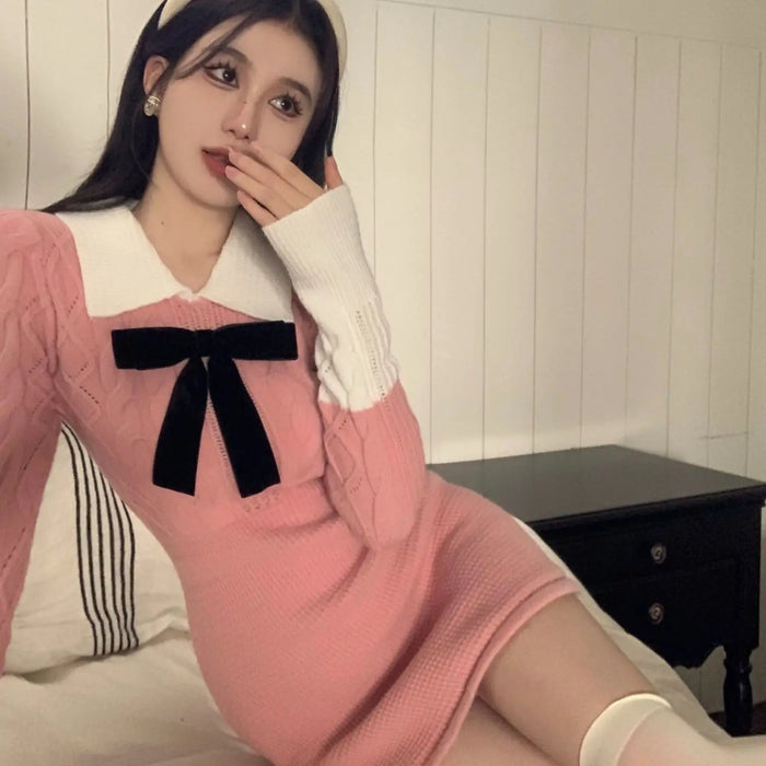 Bow Female Knit Dress High Quality Deals Trend Fashion Korean Comfortable Casual Essential New in Pink Women's Crochet Dresses
