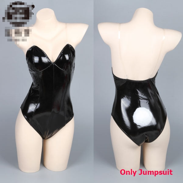 VenusFox Anime Sexy Bunny Girl Cosplay Costume Jumpsuit FAIRY TAIL Erza Scarlet one-pieces Black Latex Catsui Halloween Leotard
