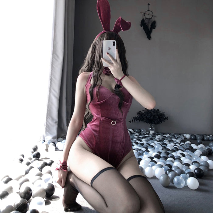 VenusFox Rose Pink Velvet Sexy Jumpsuit Erotic Roleplay kawaii lingerie for Couple Cute Anime Bunny Girl Cosplay Costume Halloween Women