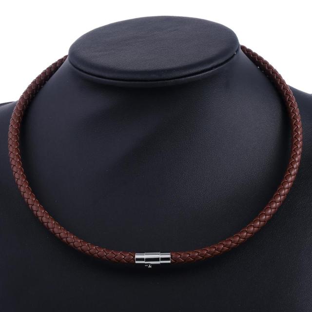 VenusFox Men's Leather Choker Brown Black Braided Rope Chain Necklace For Men Boys Stainless Steel Clasp Male Jewelry Dropshipping UNM09A