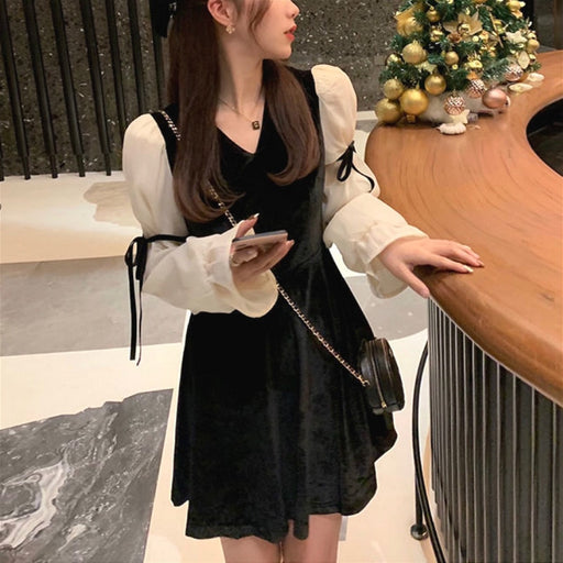 VenusFox French Vintage Mini Dress Women 2021 Spring Lace Bow Velvet Evening Party Dress Female Casual Kawaii One Piece Dress