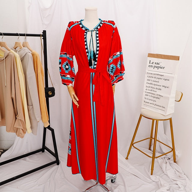 VenusFox Spring Tribal Print Women Long Dresses V-Neck Puff Sleeve Tassel Vacation Ladies Dress 2021 Casual Loose Female Clothes
