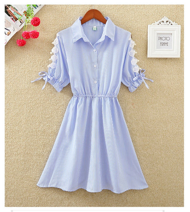 VenusFox Summer Women Dress Office Ladies Dress Shirt Elegant Blue Stripped Turn Down Collar Mini Dress Short Sleeve