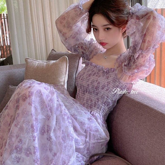 VenusFox Summer Kawaii Floral Dress Women Elegant Patchwork Print  Sweet Dress Female Puff Sleeve French Party Midi Korean Dress