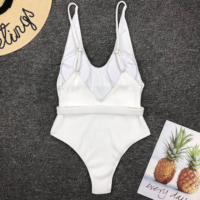 VenusFox Swimsuit One Piece High Cut Women's Swimsuit 2021 Ribbed Bodysuit Solid Backless Bathing Suits Sexy Belted Beachwear