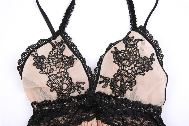 VenusFox new sexy lace flower embroidery bra style transparent mesh gauze nightgown suit