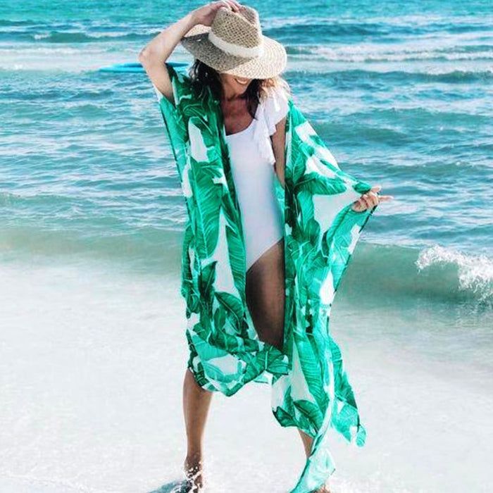 VenusFox Womens Summer Chiffon Semi-Sheer Maxi Kimono Cardigan Top Green Tropical Banana Leaves Printed Bikini Cover Up 3/4 Sleeves Open