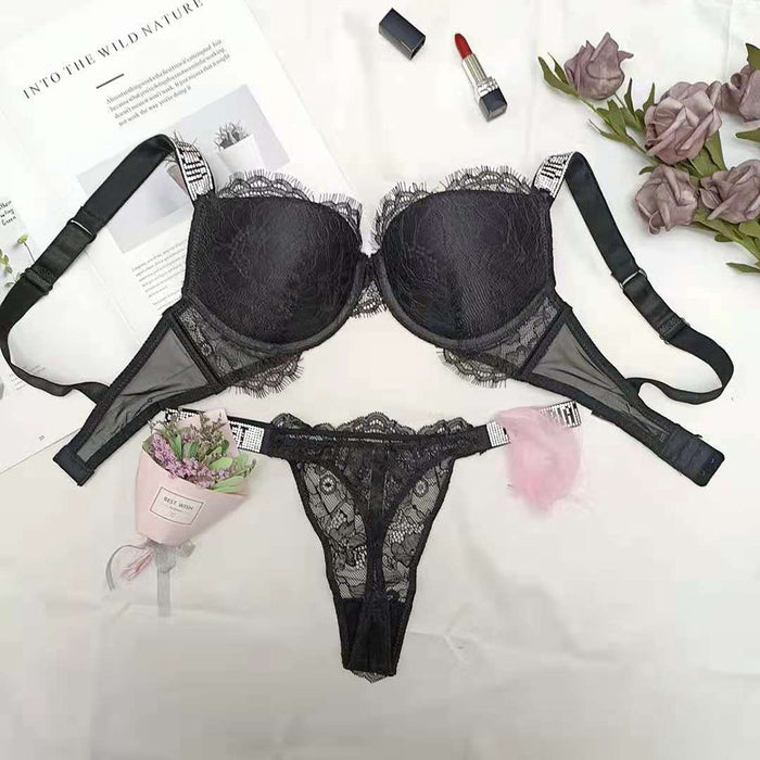 VenusFox Sexy Secret Lace Rhinestone Bikini Thong Letter LOGO Brand Design Push Up Bra Panty 2 Piece Women Adjustable Underwear Sets