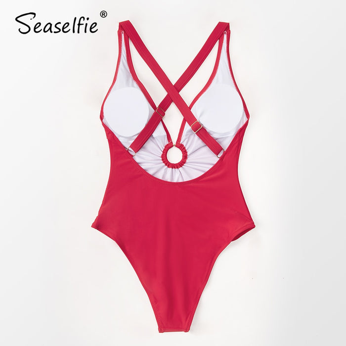VenusFox Deep V-neck One-piece Swimsuit Women Sexy O-Ring Solid Red Criss Cross Back Swimwear 2021 New Bathing Suit Beachwear