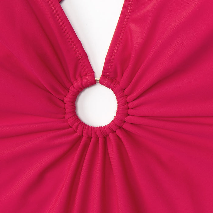 VenusFox Deep V-neck One-piece Swimsuit Women Sexy O-Ring Solid Red Criss Cross Back Swimwear 2021 New Bathing Suit Beachwear