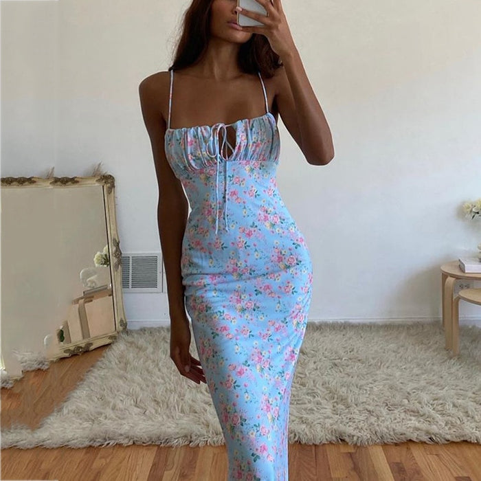 VenusFox Elegant Floral Print Summer Dress for Women Sleeveless Maxi Sundress Sexy Backless Tie Women's Dresses Party Club Holiday