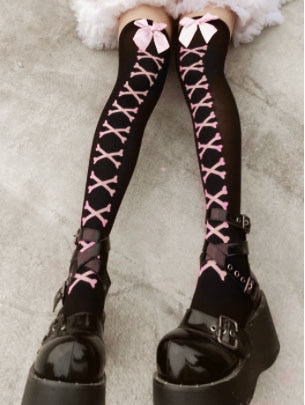VenusFox New Hot Girl Bone Bow Socks Streetwear Girls Black Sweet Cute Pink Y2K Harajuku Lolita Knee Socks Long Thigh High Stockings