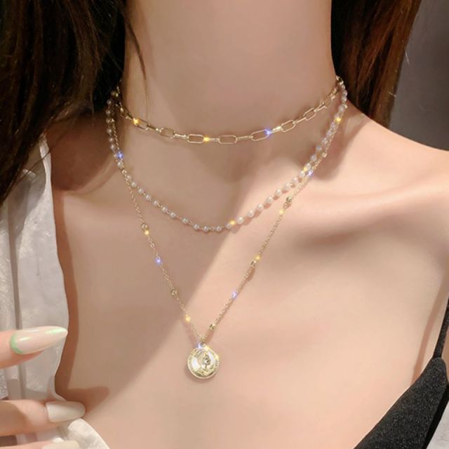 VenusFox Vintage Multi-layer Coin Chain Choker Necklace For Women Gold Silver Color Fashion Portrait Chunky Chain Necklaces Jewelry