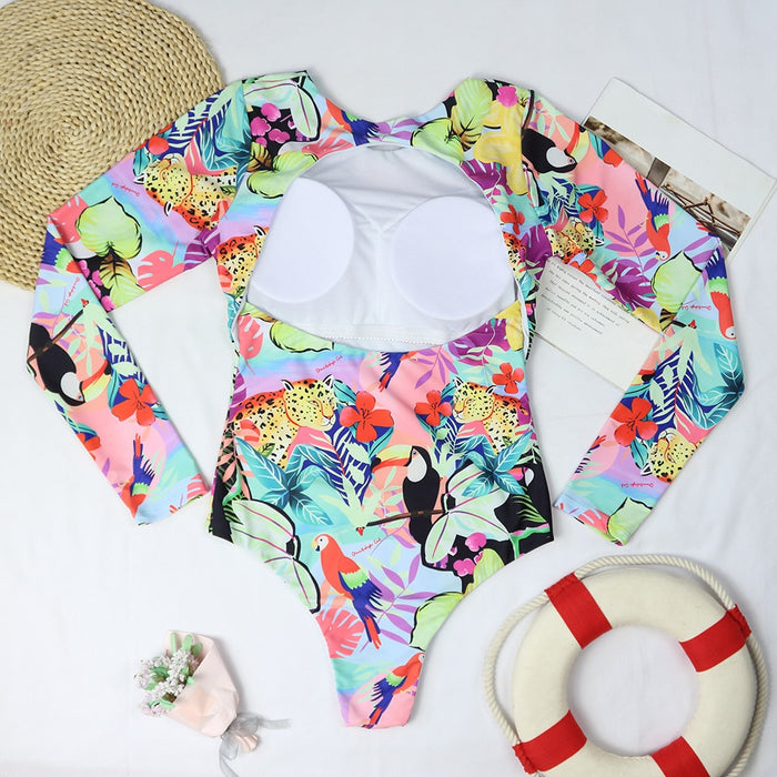 VenusFox Surfing Swimsuit for Women Long Sleeve One Piece Bodysuit Leaves Print Sexy Bikini Brasileño Summer Push Up Swimwear