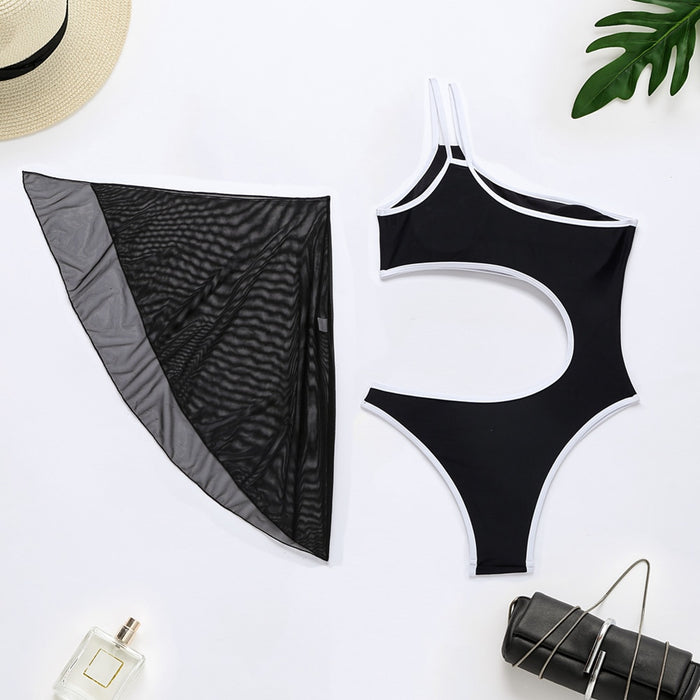 VenusFox One Piece Swimsuit Women 2020 One Shoulder with Cover Up Beach Skirt Sexy Swimwear Women Cut Out Swimming Suit for Women