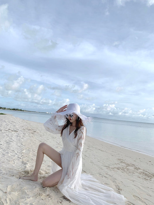 VenusFox Women Beach Dress A-Line/Princess Tulle V-neck Lace Long Sleeve Side Split Maxi Swimwear Cover Up - White