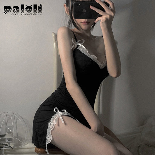 VenusFox Paloli Sexy Lace Cotton Nightgown Women Mini Short Night Dress with Panties Spaghetti Strap Nightdress Sleepwear Slim Nighties