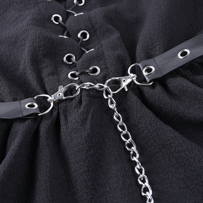 VenusFox Goth Apparel Harajuku Black Mini Dress Gothic Streetwear Bandage Patchwork V-neck Vintage Female Dress Puff Sleeve Lady Dress