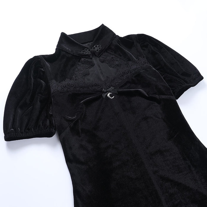 VenusFox Goth Apparel Vintage Velvet Black Dress Harajuku High Waist Party Mini Dress Aesthetic Elegant Lace Trim Split Women Dresses