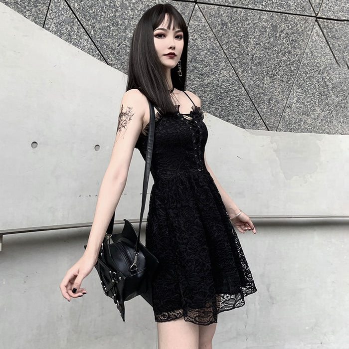 VenusFox Dark Goth Girl Lace Vintage Dress Spaghetti straps Sexy Black Mini Dress Women Gothic Streetwear Pleated Hollow Out Summer Dress