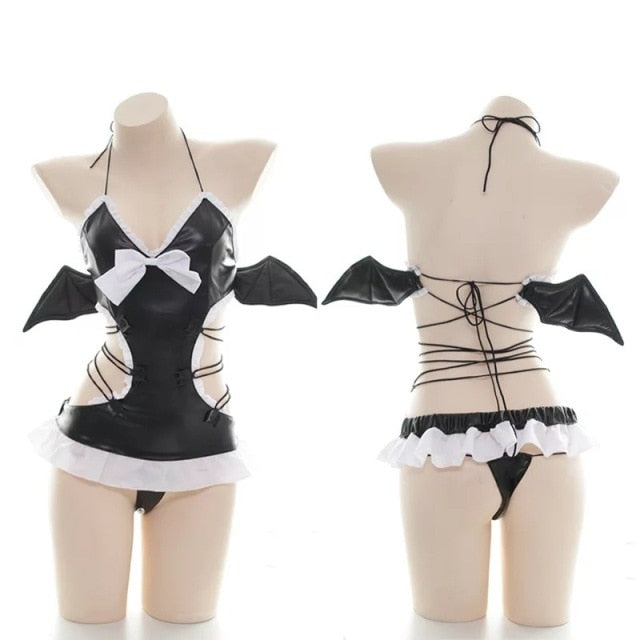 VenusFox Drop Ship Black Devil Costumes Sexy Halloween Cosplay Women Devil Wings Maid Lingerie PU Leather Bandage Intimate Japanese Anime