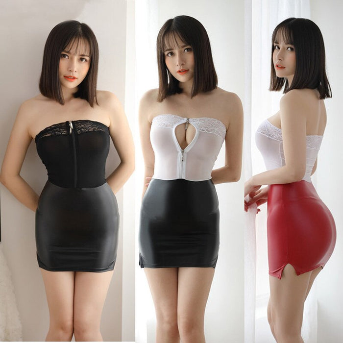 VenusFox Sexy Lace Two Way Zipper Open Strapless Micro Mini Ice Silk See Through Faux Leather Patchwork Sexy Bodycon Dress Sleeveless F20