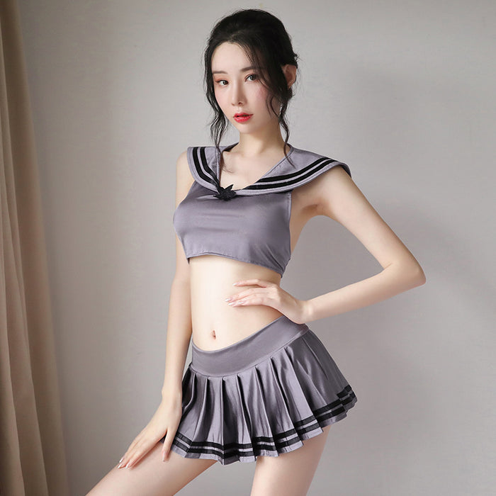 VenusFox Ladies Nightclub Sexy Uniforms Female Student Tight Navy Collar Short Tops Pleated Skirt Set Backless Cosplay Sexy Costumes