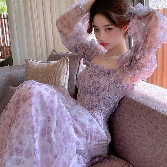 VenusFox Summer Kawaii Floral Dress Women Elegant Patchwork Print  Sweet Dress Female Puff Sleeve French Party Midi Korean Dress