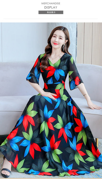 VenusFox Summer New Arrival  Elegant Korean V Collar Flare Sleeve Women Chiffon Long Dress High Quality